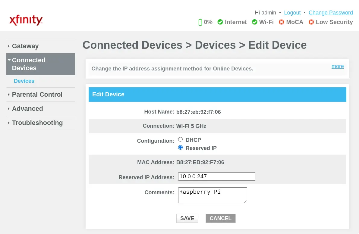 Xfinity Admin Web Portal Reserve IP
