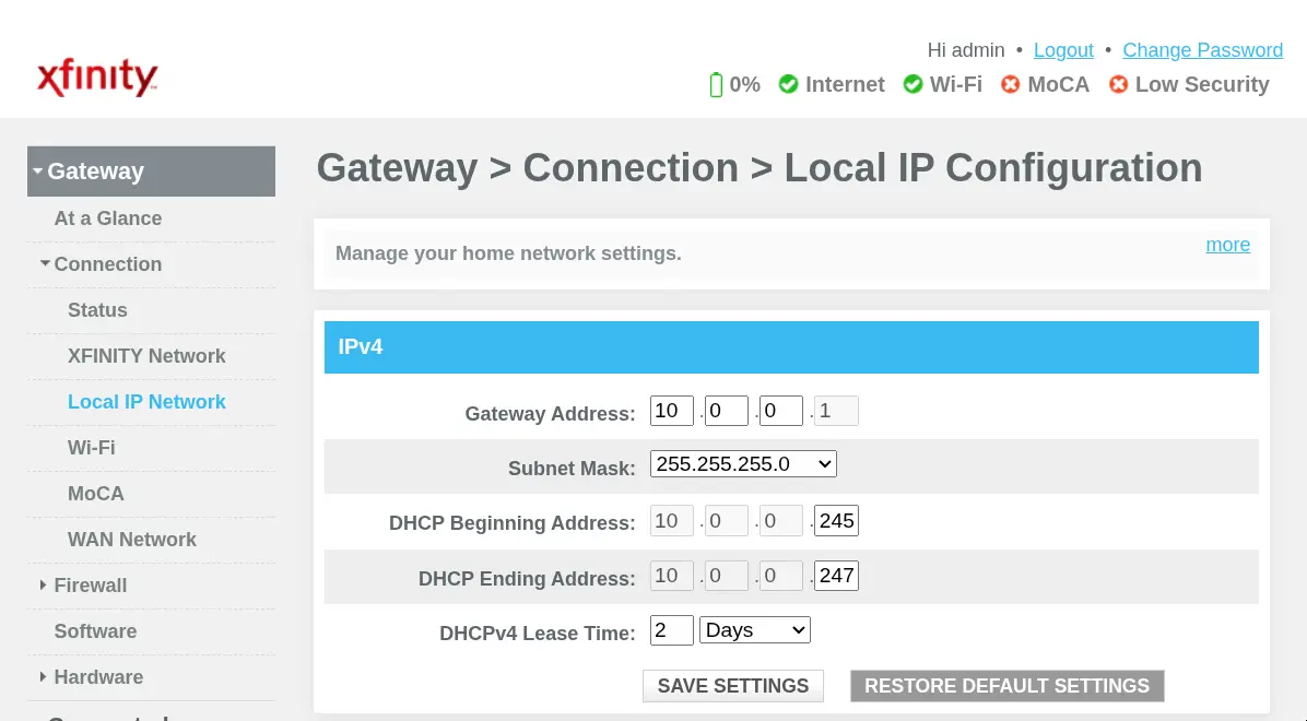 Xfinity Admin Web Portal DHCP Settings